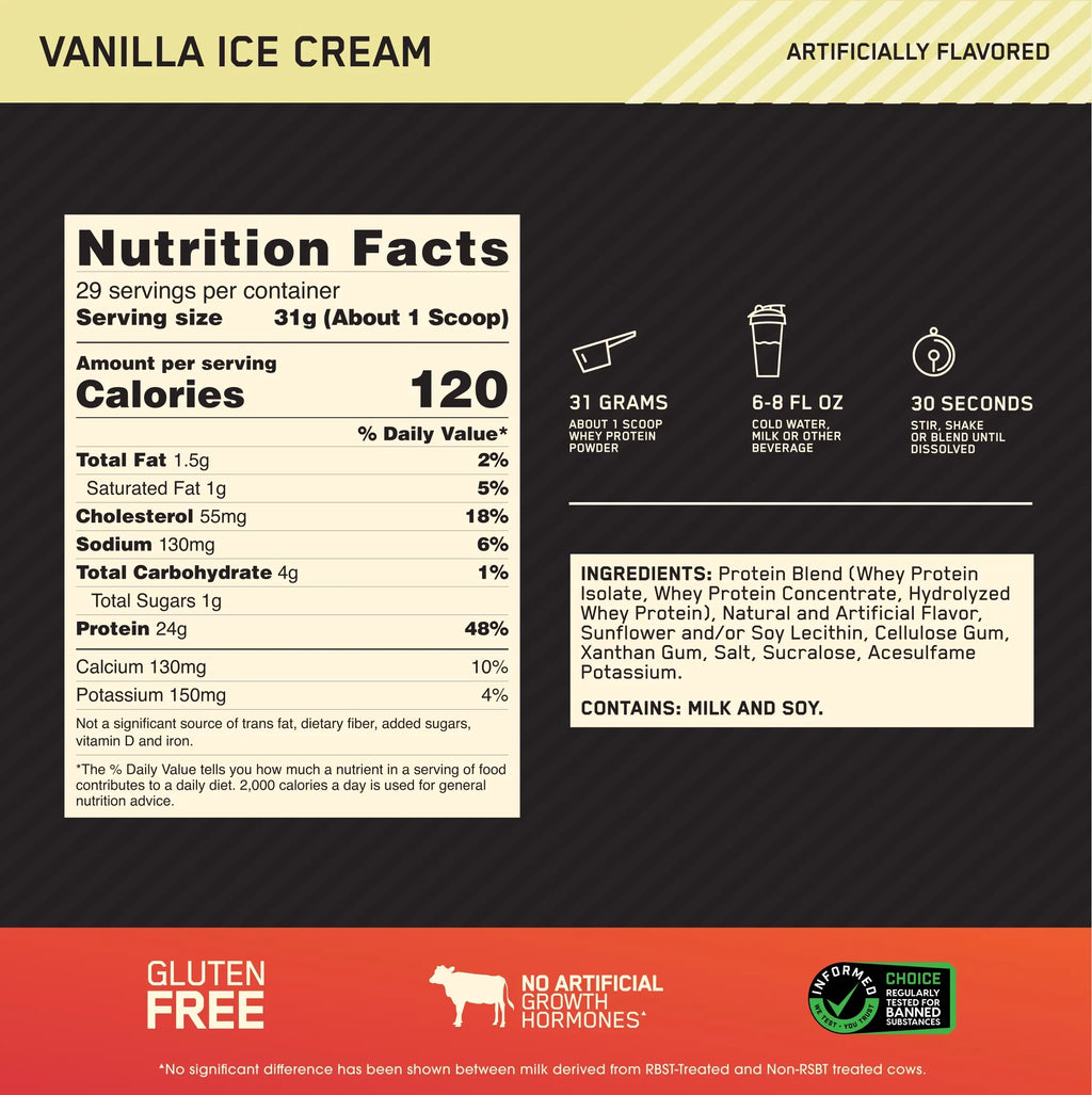 Vanilla Standard Protein Nutrition, Cream, 100% Whey Gold Ice 2 lb, Servings 29 Optimum Powder,