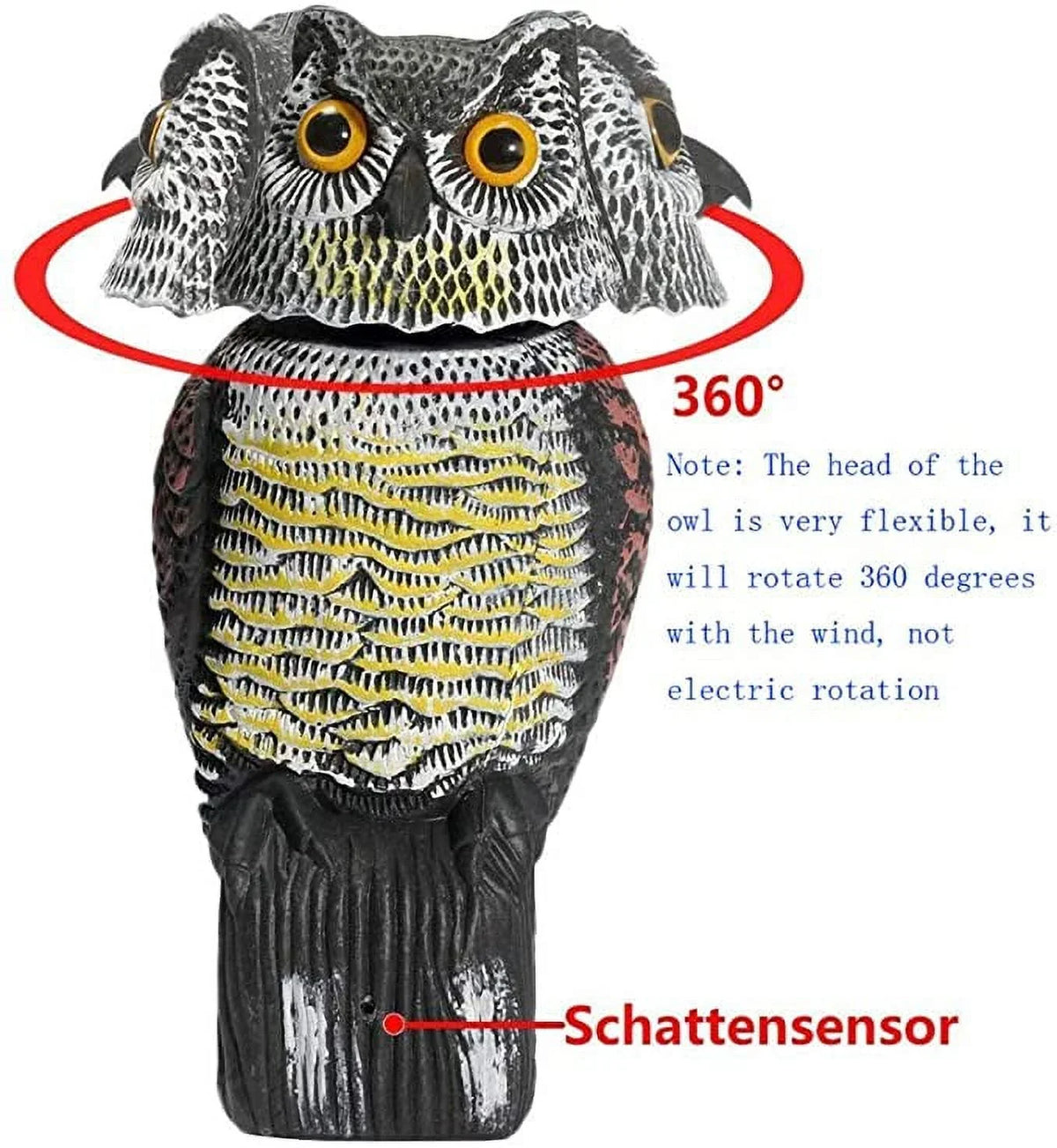 & to Bird Outdoor hue Birds, Decoy Scare Sounds Yard Pest 360 Scarecrow Deterrent Scary Garden Head Protector Fake Patio for Owl Statue Spring Rotate Owl Owl Decoy Shadow Realistic