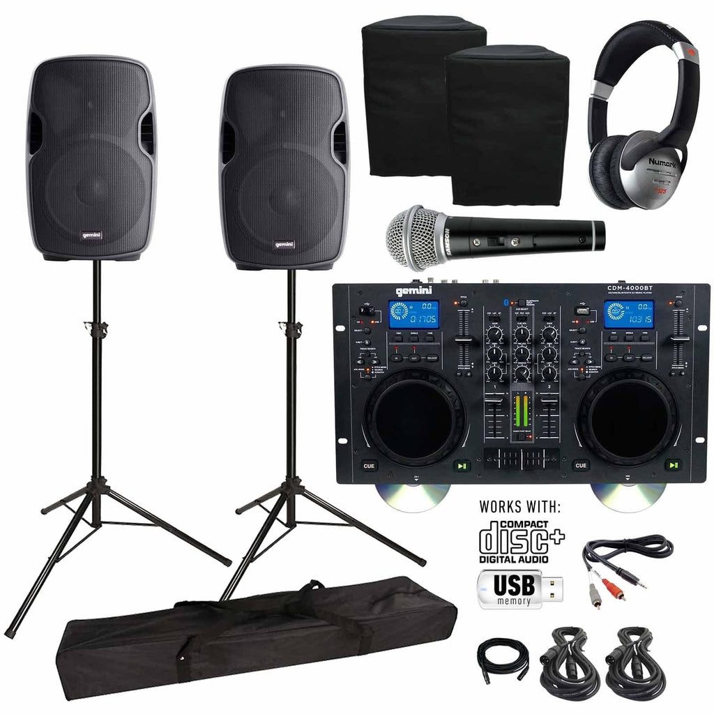 DJ Media Player 15" CD/MP3/USB Woofers Bluetooth CDM-4000BT Package Speaker AS-1500P Gemini & with Active