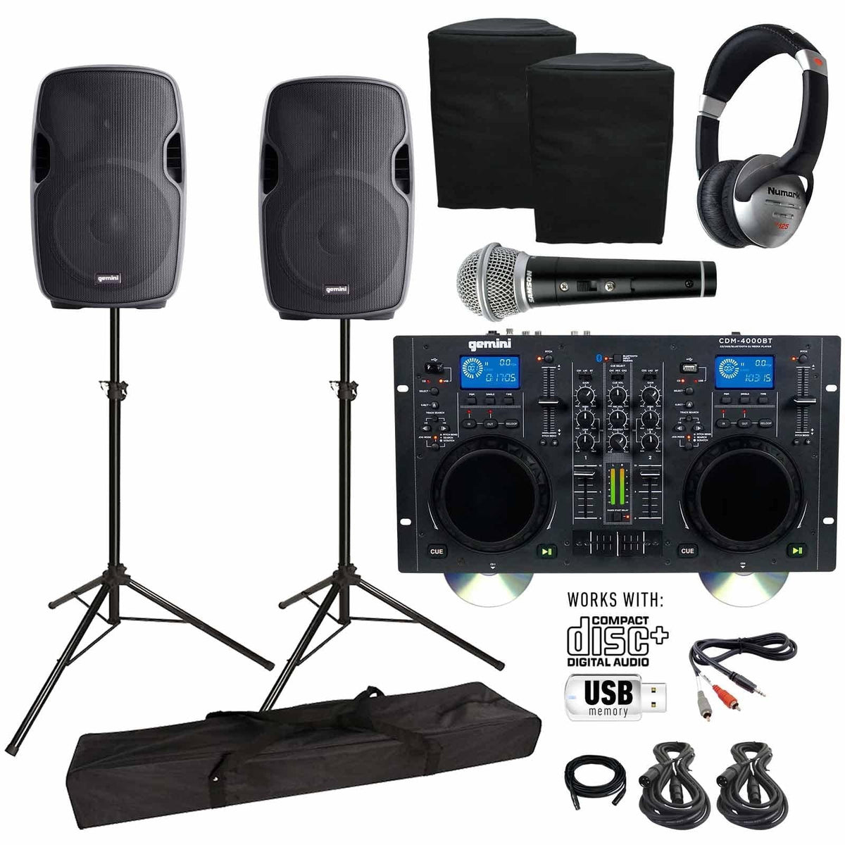 DJ Media Player 15" CD/MP3/USB Woofers Bluetooth CDM-4000BT Package Speaker AS-1500P Gemini & with Active