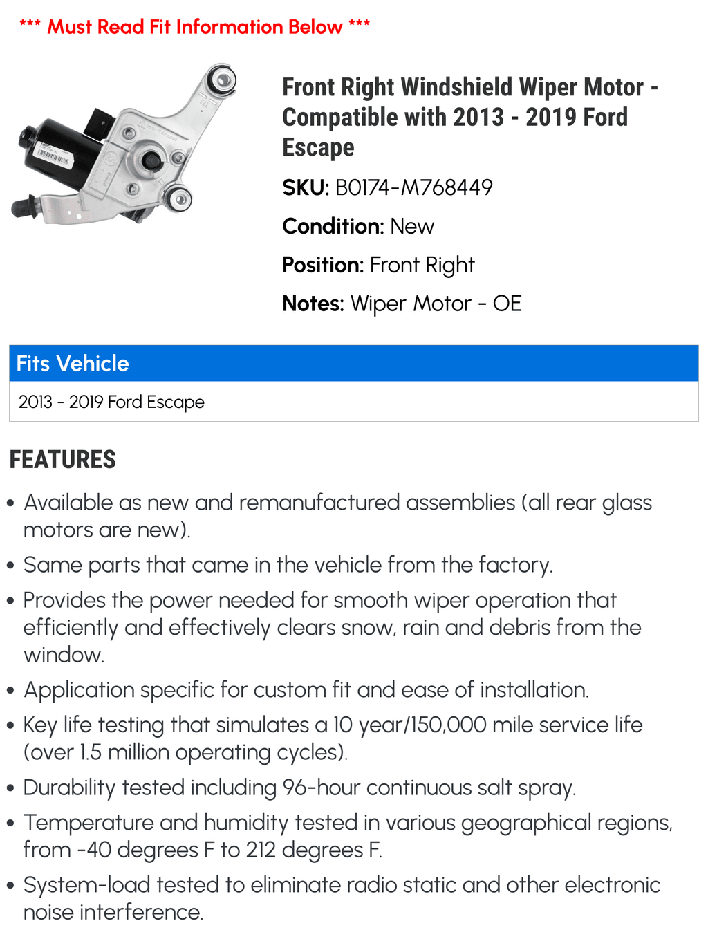 Ford 2016 Compatible 2015 Right Windshield Escape 2018 2017 Front 2013 with Motor - - Wiper 2019 2014