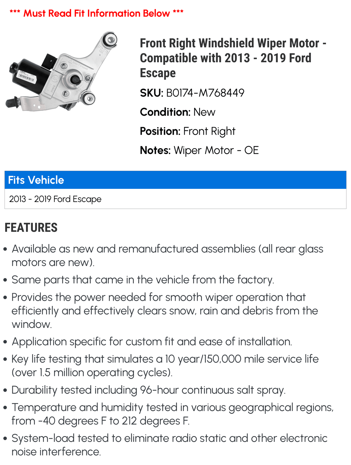 Ford 2016 Compatible 2015 Right Windshield Escape 2018 2017 Front 2013 with Motor - - Wiper 2019 2014