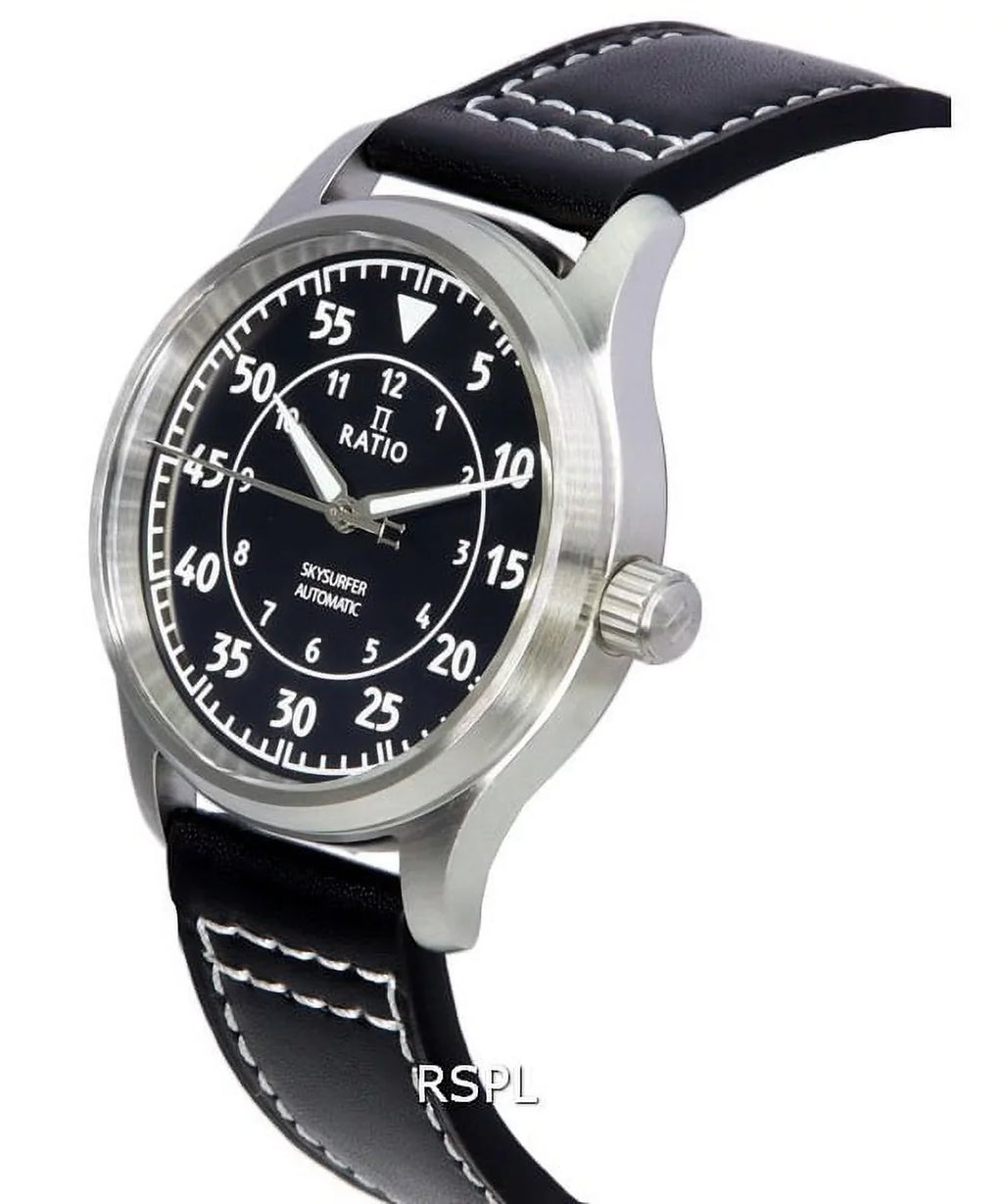 Automatic Black Men's Ratio Skysurfer Watch 200M Pilot Leather RTS321 Sunray Dial