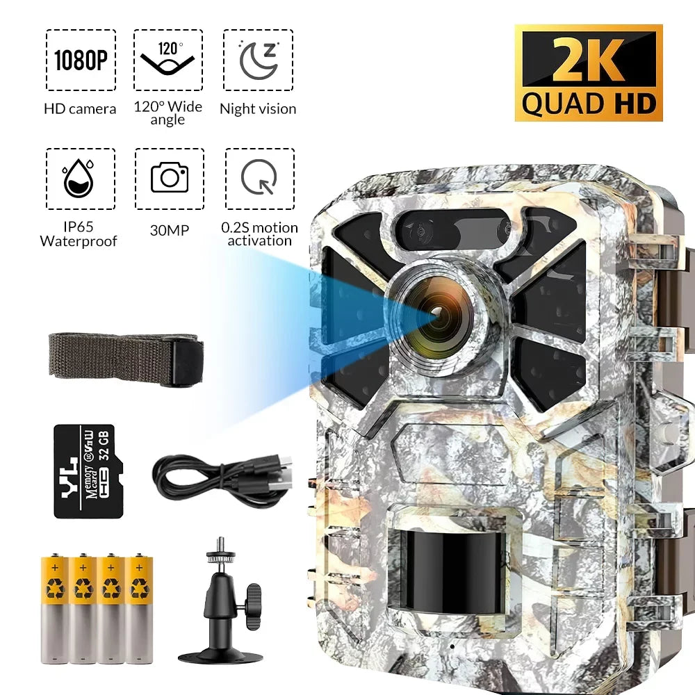 Surveillance, Infrared 120° Vision Angle Game Farm Monitor Trail Camera Trail Monitoring, Night with 2 Wide Camera, Waterproof 30MP Wildlife Pack with 2k Hunting Lens