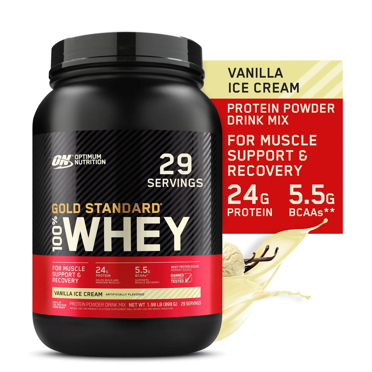Vanilla Standard Protein Nutrition, Cream, 100% Whey Gold Ice 2 lb, Servings 29 Optimum Powder,