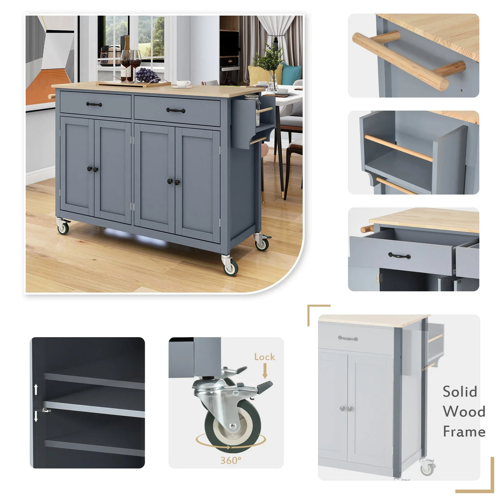 Kitchen Wood Locking - Blue Wheels Grey Top Island Solid Granite with Cart and