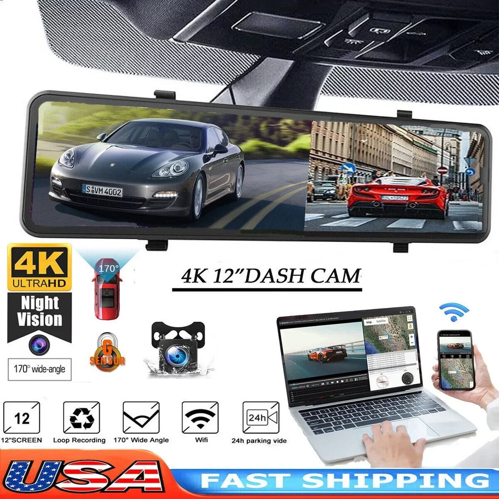 Rear Camera Dual Mirror Cam Backup Assistance 4K Dash Monitoring, 12" Vision, Night Super Car Camera Front Reversing and Parking