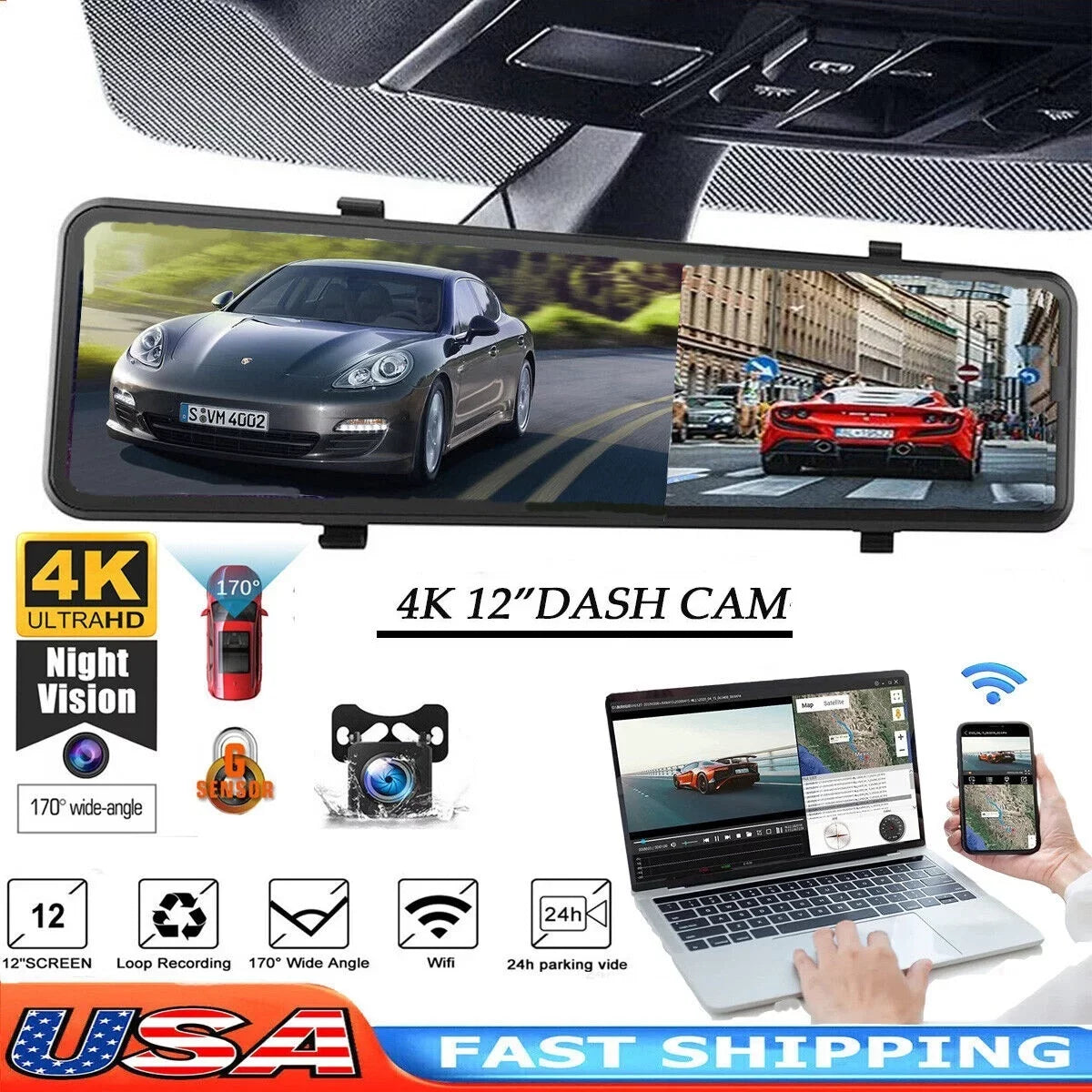 Rear Camera Dual Mirror Cam Backup Assistance 4K Dash Monitoring, 12" Vision, Night Super Car Camera Front Reversing and Parking