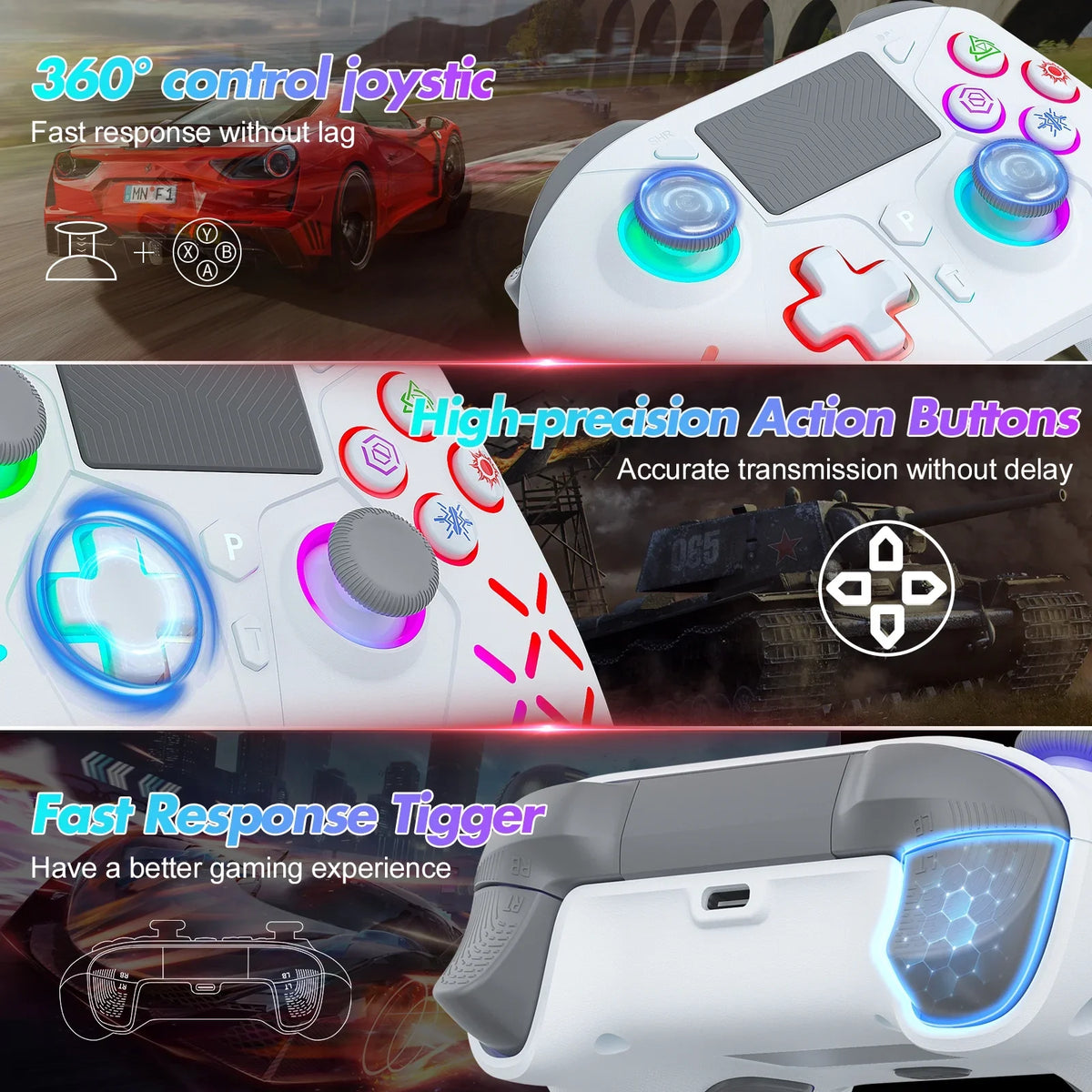 (White) /Slim/Pro Controller Adjustable Compatible with 4 LED Light Wireless for with Playstation RGB PS4,