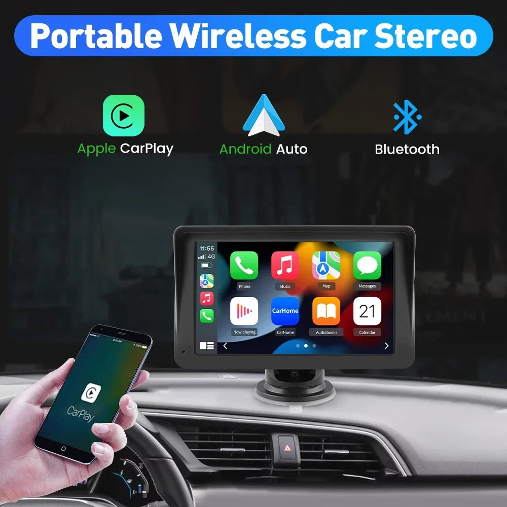 Video Stereo Car inch Wireless Navigation,FM Music, Bluetooth , Awesafe Screen 7 Carplay Android Auto Audio, GPS Touch with Support