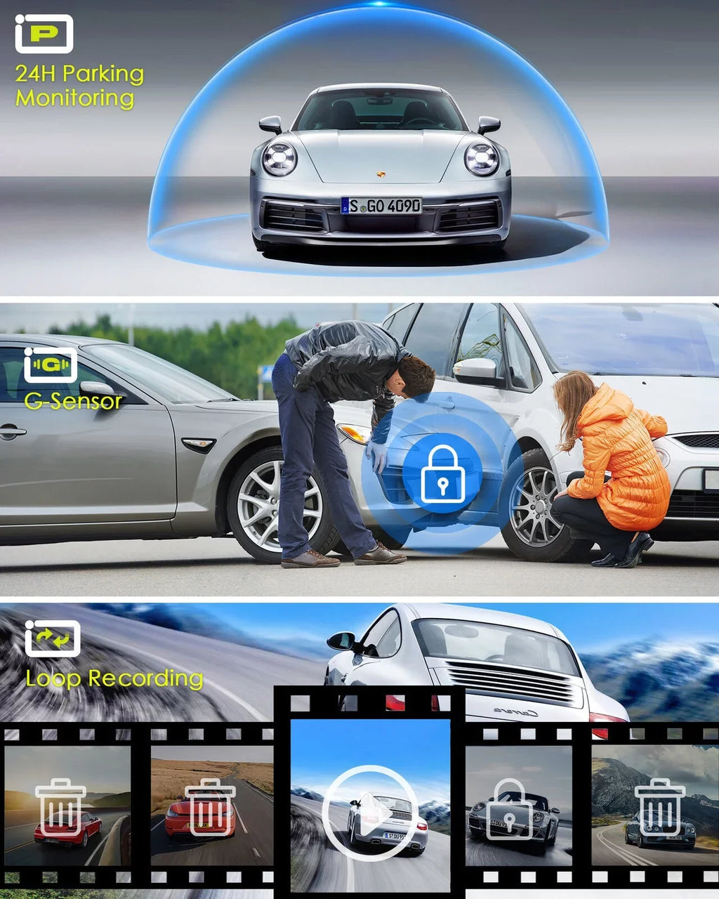 Rear Camera Dual Mirror Cam Backup Assistance 4K Dash Monitoring, 12" Vision, Night Super Car Camera Front Reversing and Parking