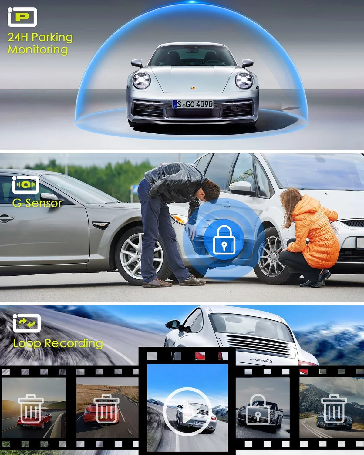 Rear Camera Dual Mirror Cam Backup Assistance 4K Dash Monitoring, 12" Vision, Night Super Car Camera Front Reversing and Parking