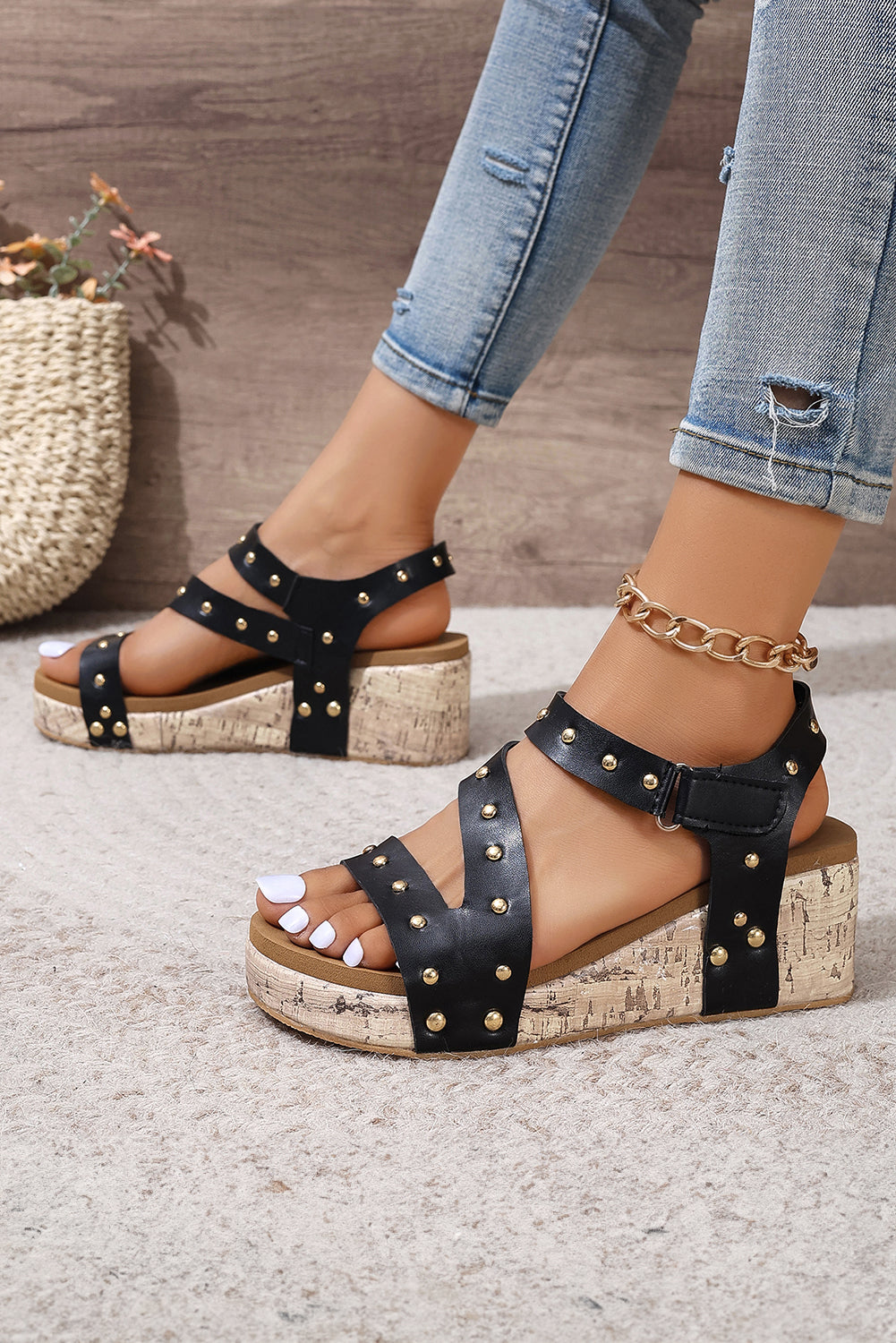Out Black Wedge Sandals Rivet Hollow Leather