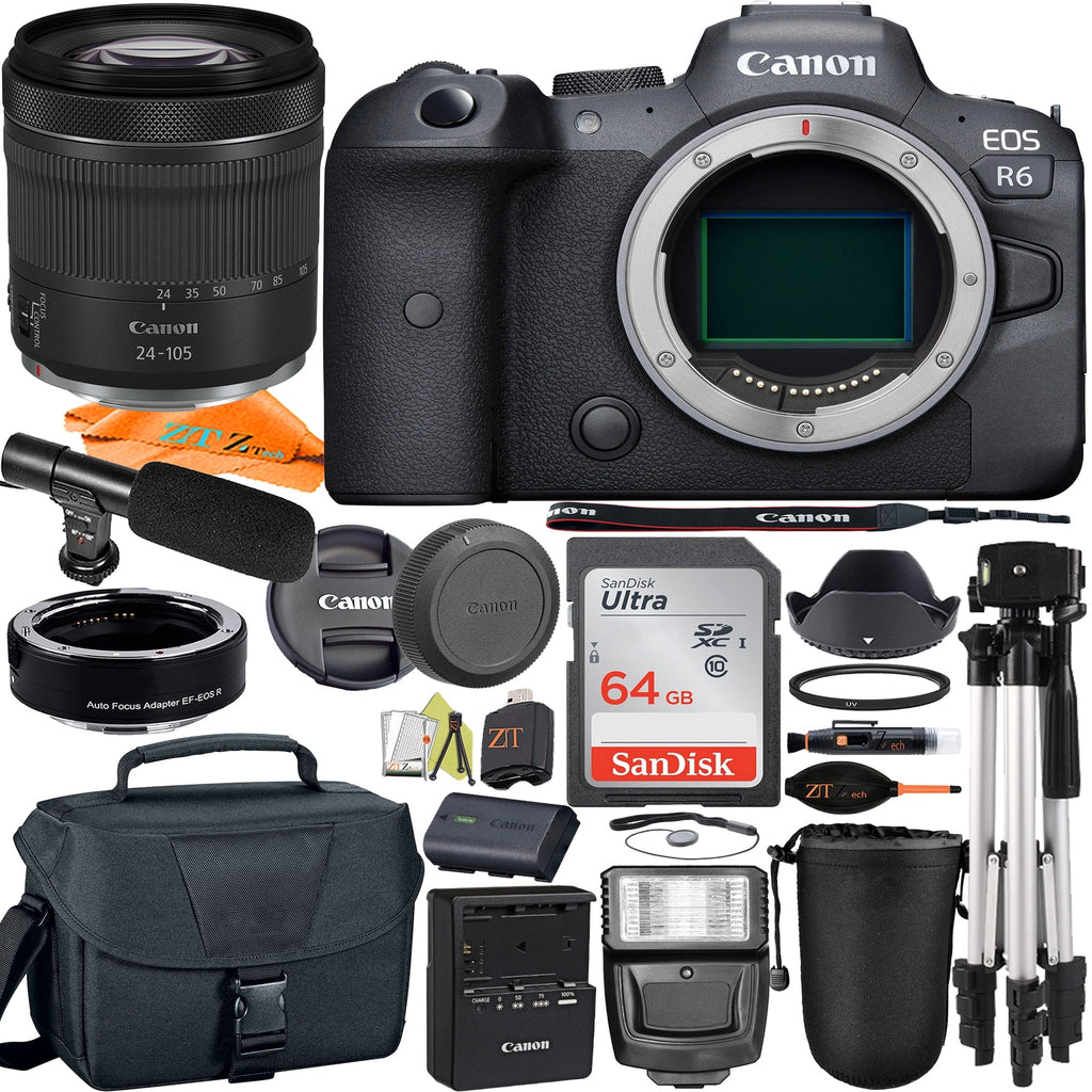 Camera STM + 64GB Accessory EOS ZeeTech 24-105mm + Adapter RF Lens + SanDisk Mirrorless with Bundle Mount R6 Digital Canon