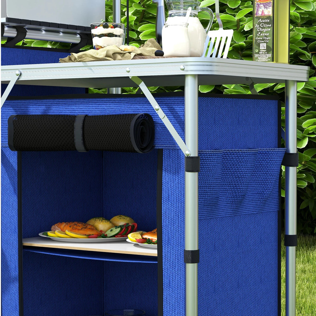 Folding Camping with Cupboards Outsunny Blue Fabric Kitchen Windshield