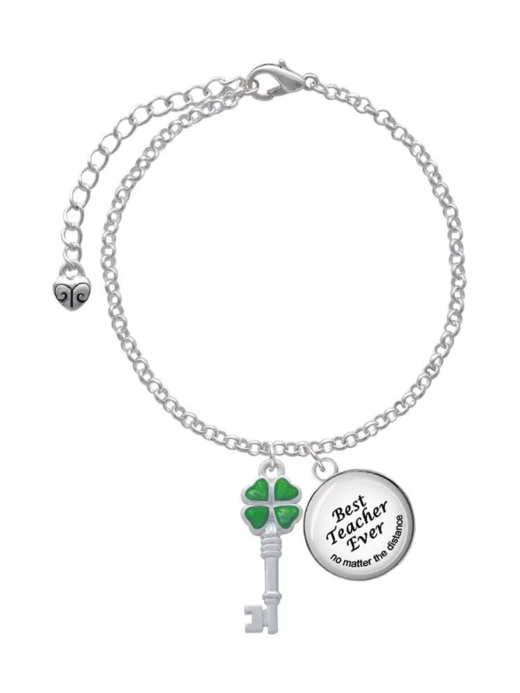 Four Best Bracelet Silvertone Key Dome Lucky Charm Jewelry Teacher Ever Clover Delight Leaf Translucent Green