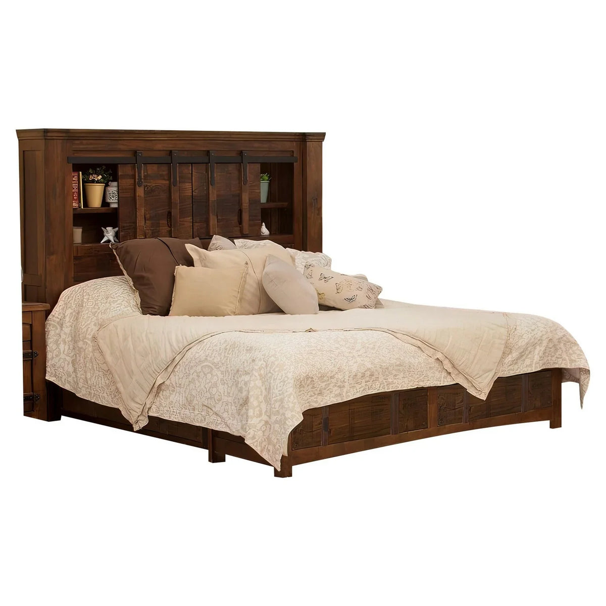 Fixed 2 Drawers, Brown Shelves, Finish Benjara Size King Maye Rustic Bed, Deep