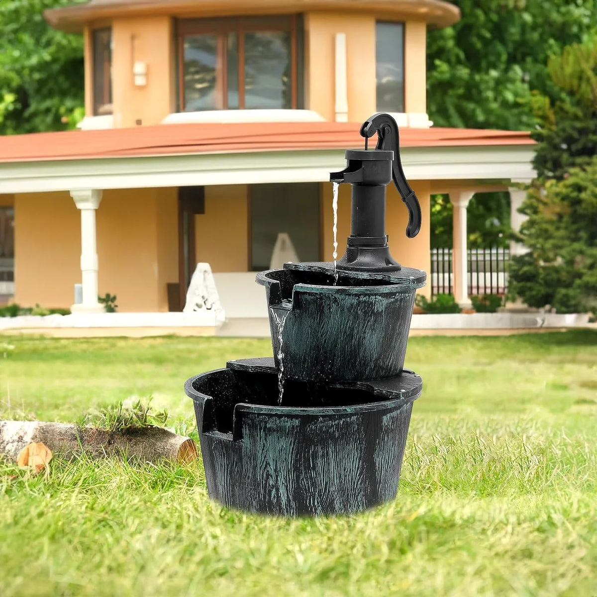 Cascading Water Electric Backyard 2-Tier Pump Garden Porch For Waterfall With Teal Patio Rustic Fountain Decor, Outdoor Fountain Blue Freestanding