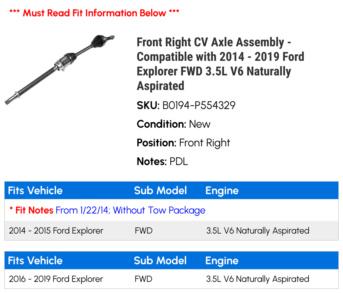 Axle Naturally - Right CV 3.5L Aspirated Ford 2017 2018 Assembly FWD V6 2019 2015 - Compatible 2014 Front with Explorer 2016
