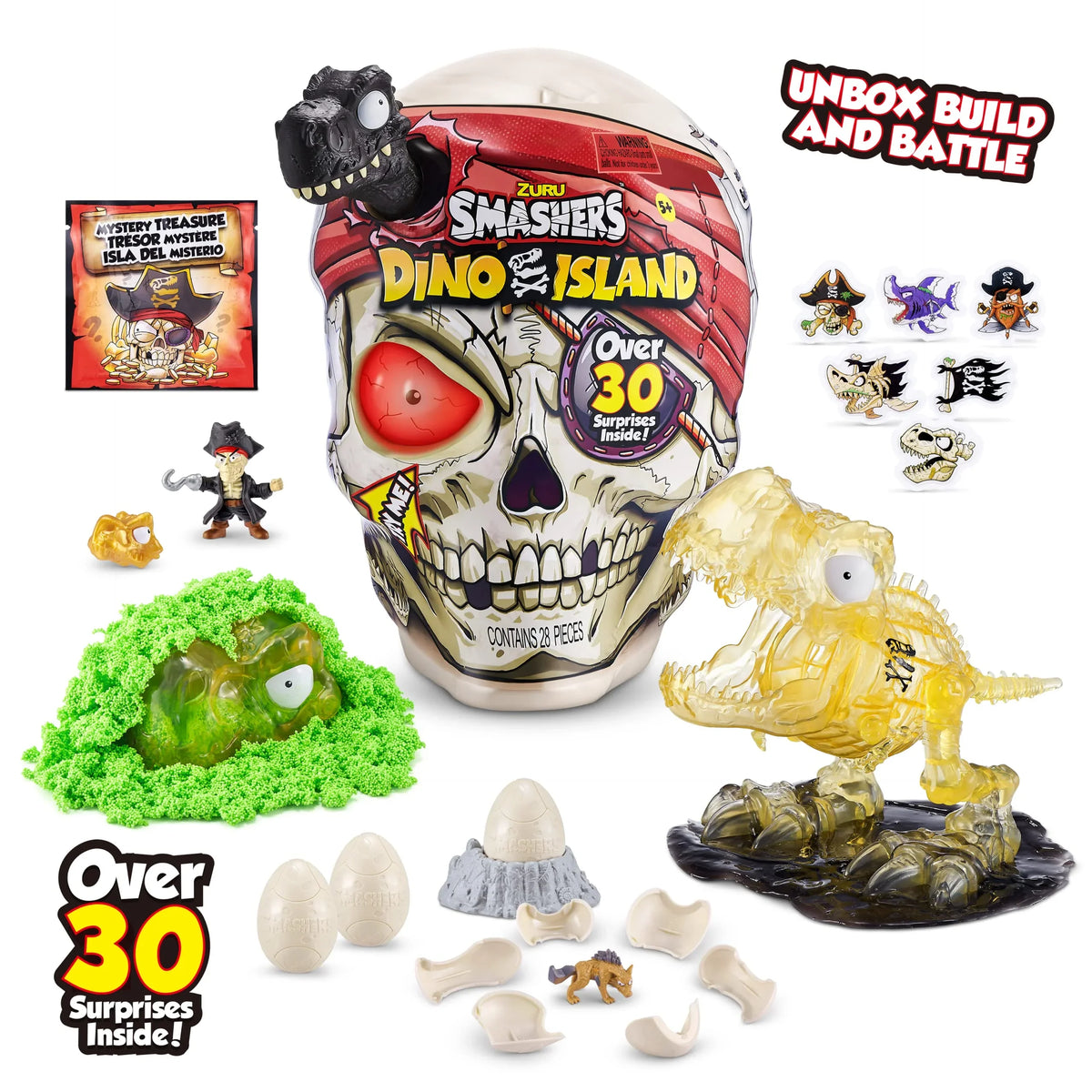 (T-Rex) Slime, and by and Toys, Eggs Skull Dino Age Prehistoric ZURU Toy, 5+ Figurines, More 30 Island Discovery Over Giant Mini Dinosaur Smashers Sand Surprises, with