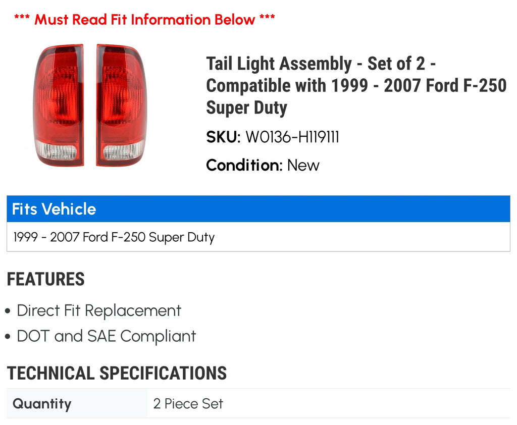 '- 2002 2007 2000 - 1999 Assembly 2001 with F-250 Compatible Duty 2 Ford of Tail 2005 Light 2006 Super 2003 Set - 2004