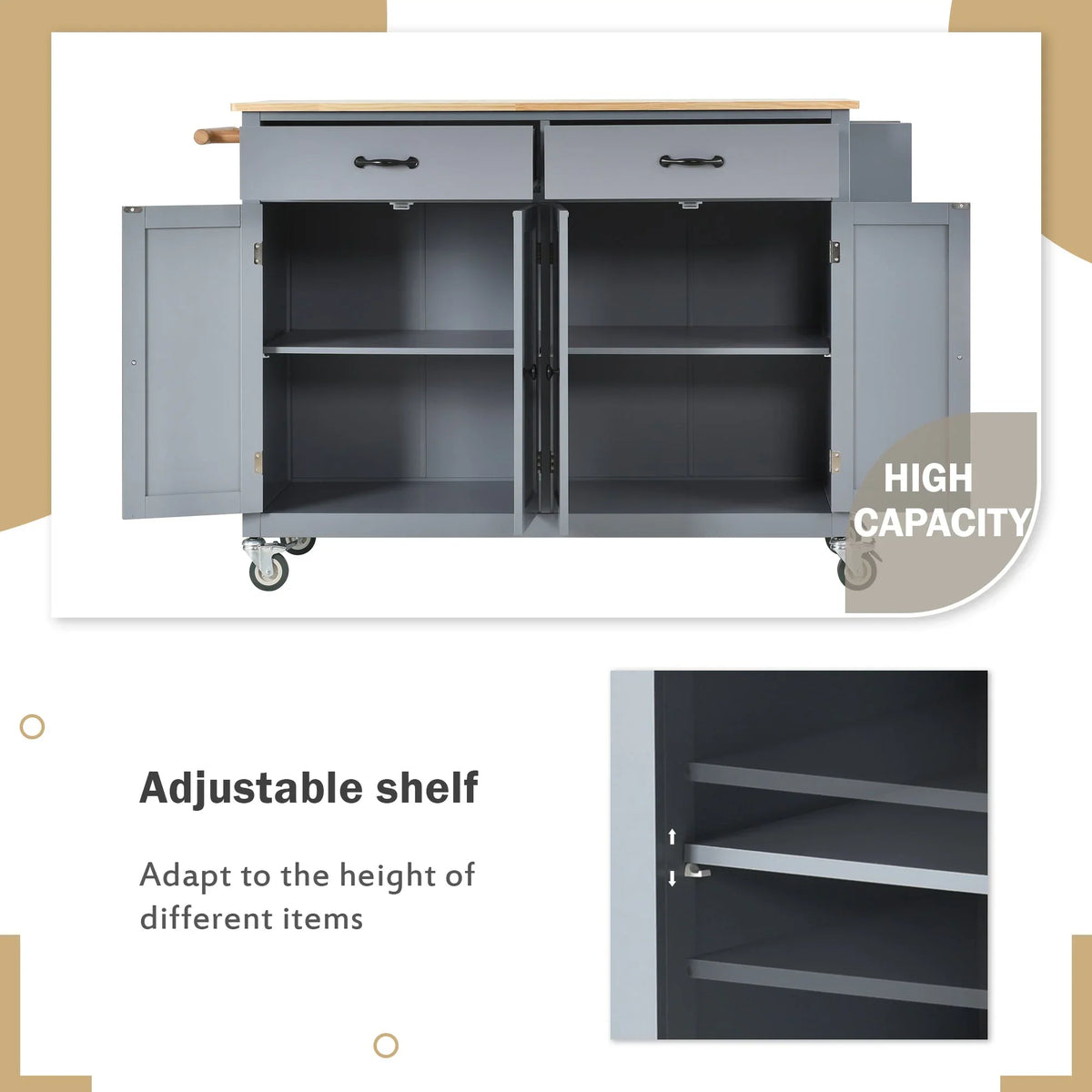 Kitchen Wood Locking - Blue Wheels Grey Top Island Solid Granite with Cart and
