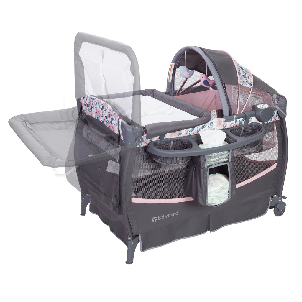 Nursery – Playard with Deluxe Bluebell Trend II Travel Pink Center Baby Bag