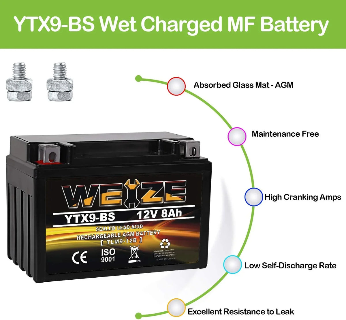 Sealed AGM Free Performance YTX9-BS Maintenance High Motorcycle ATV Battery