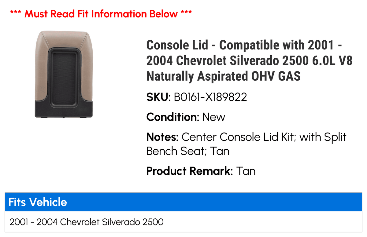 2500 GAS OHV Chevy with Compatible V8 Silverado Lid Console Naturally 2002 2003 - 6.0L - 2001 2004 Aspirated