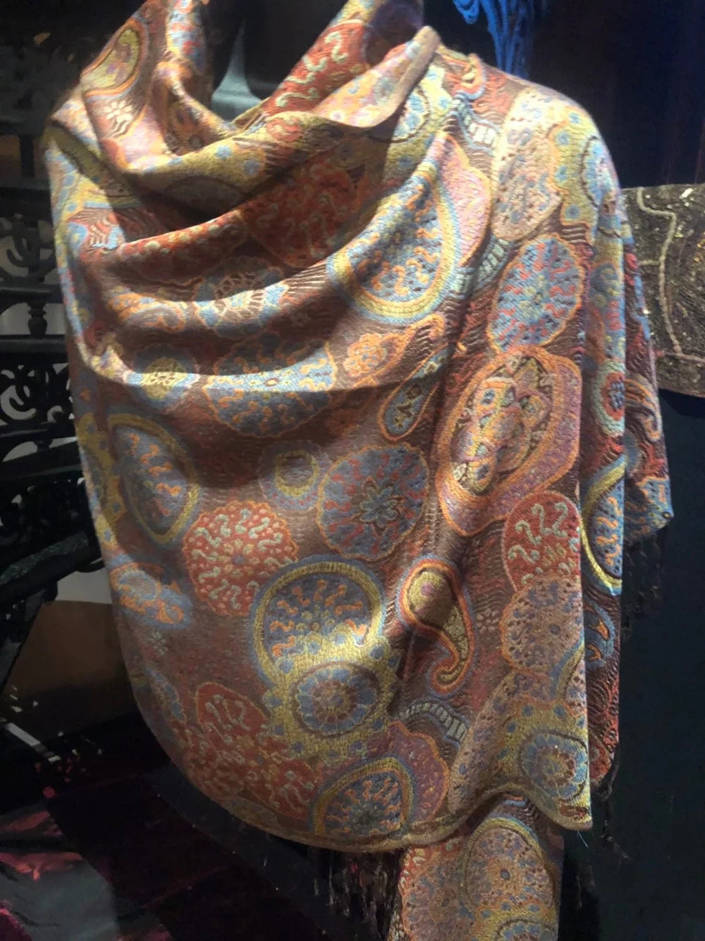 Brown Pashmina Wrap Orange Vintage Brocade Scarf Paisley