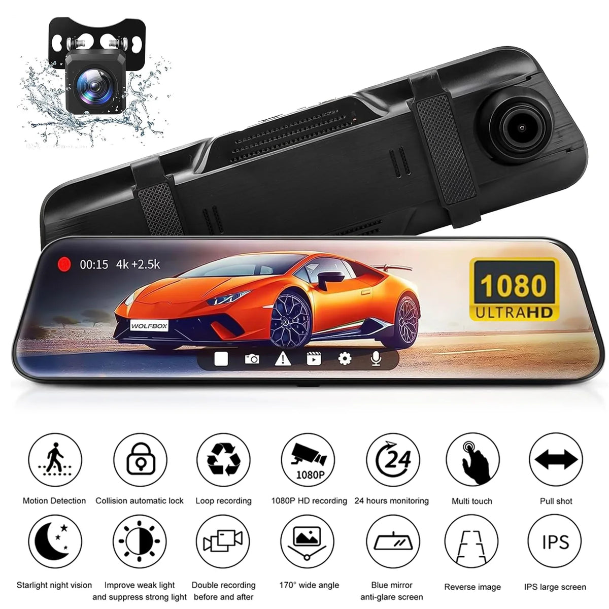 Rear, for Parking Mode Front Angle, Camera Card, 24H Vision, 10Inch Free Night 170°Wide Dash 1080P WDR, Cars, IPS Screen Cam Dash Full 32GB HD