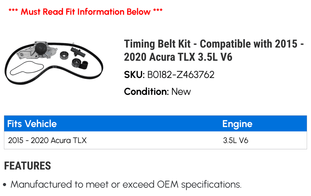 Compatible - Timing V6 2019 2017 3.5L - Belt 2020 TLX 2016 Kit Acura 2018 2015 with