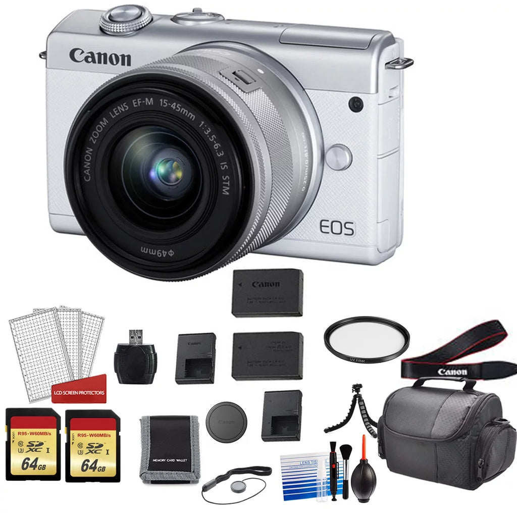Battery Camera More Mirrorless EOS M200 Canon with Digital Spare (White) + Kit 128GB Card 15-45mm Lens with + Memory