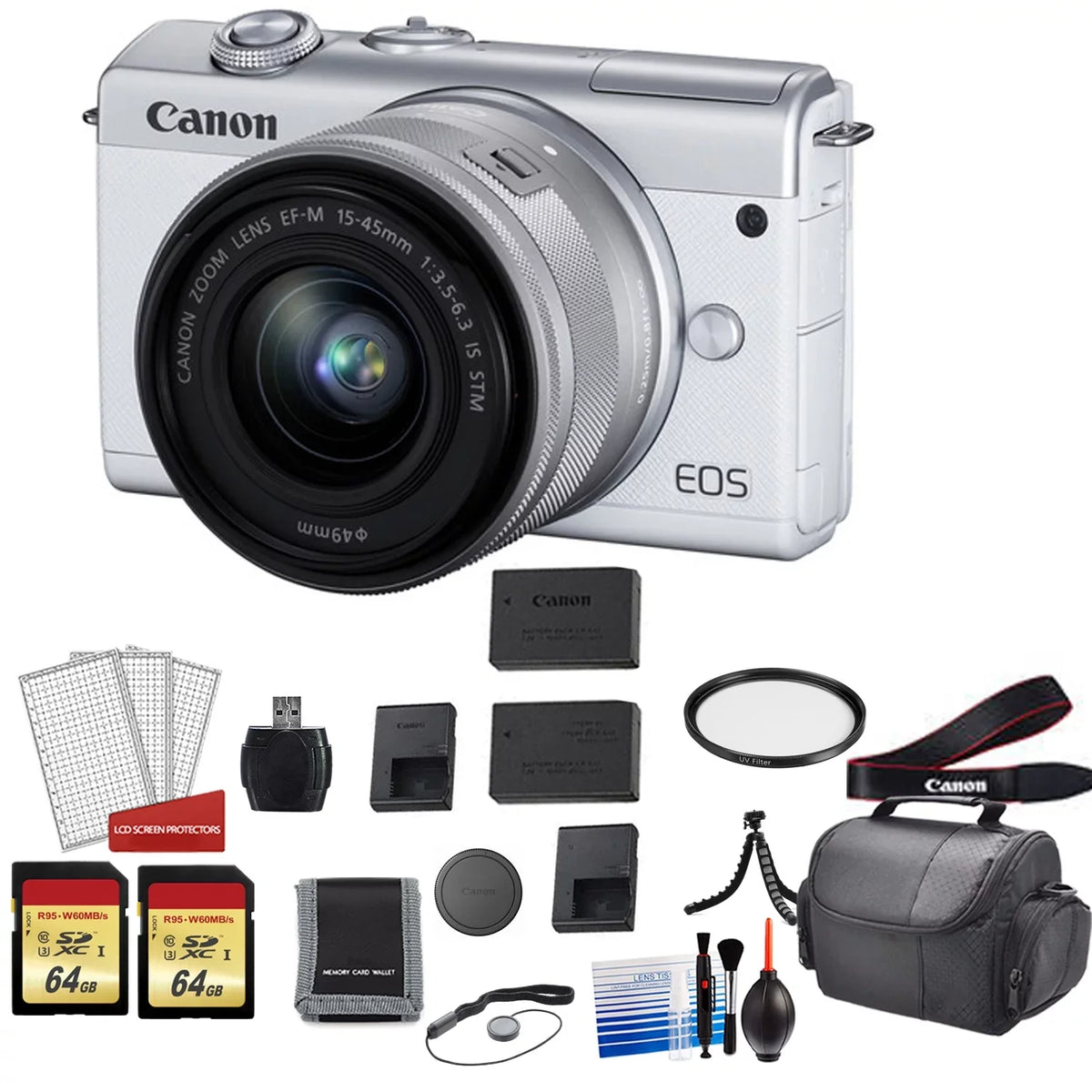 Battery Camera More Mirrorless EOS M200 Canon with Digital Spare (White) + Kit 128GB Card 15-45mm Lens with + Memory