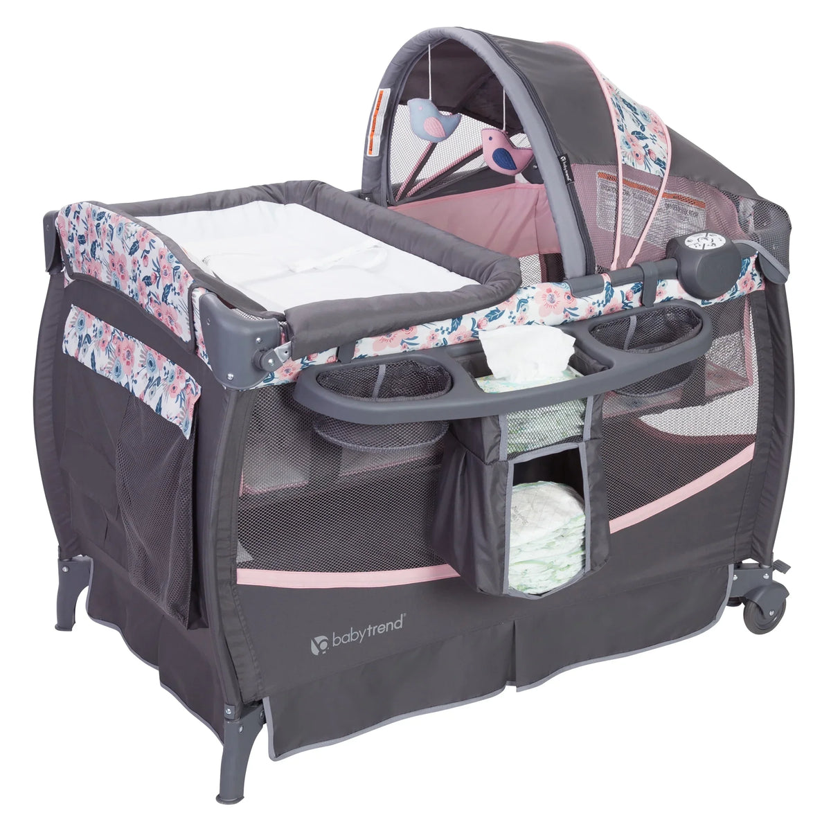 Nursery – Playard with Deluxe Bluebell Trend II Travel Pink Center Baby Bag