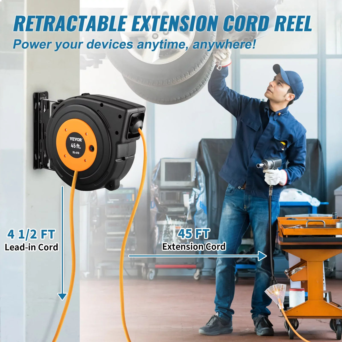 SJTOW Cord Cord BENTISM Retractable Power UL Reel 45FT 12AWG/3C Reel Extension