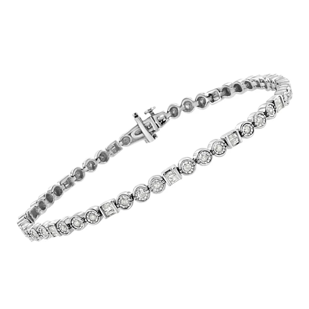 Channel Miracle Set - Alternating Cttw 7.25" Clarity) Set Diamond Link Round 1.0 Bracelet Silver I3 Sterling Color, Baguette .925 (I-J and