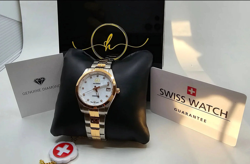 Diamonds -100M Stainless – Swiss - Haftavani Queen Watch - With Lady Diamond Marble Bicolour Silver-Rose Waterproof Quartz Gold Steel Face Genuine Made