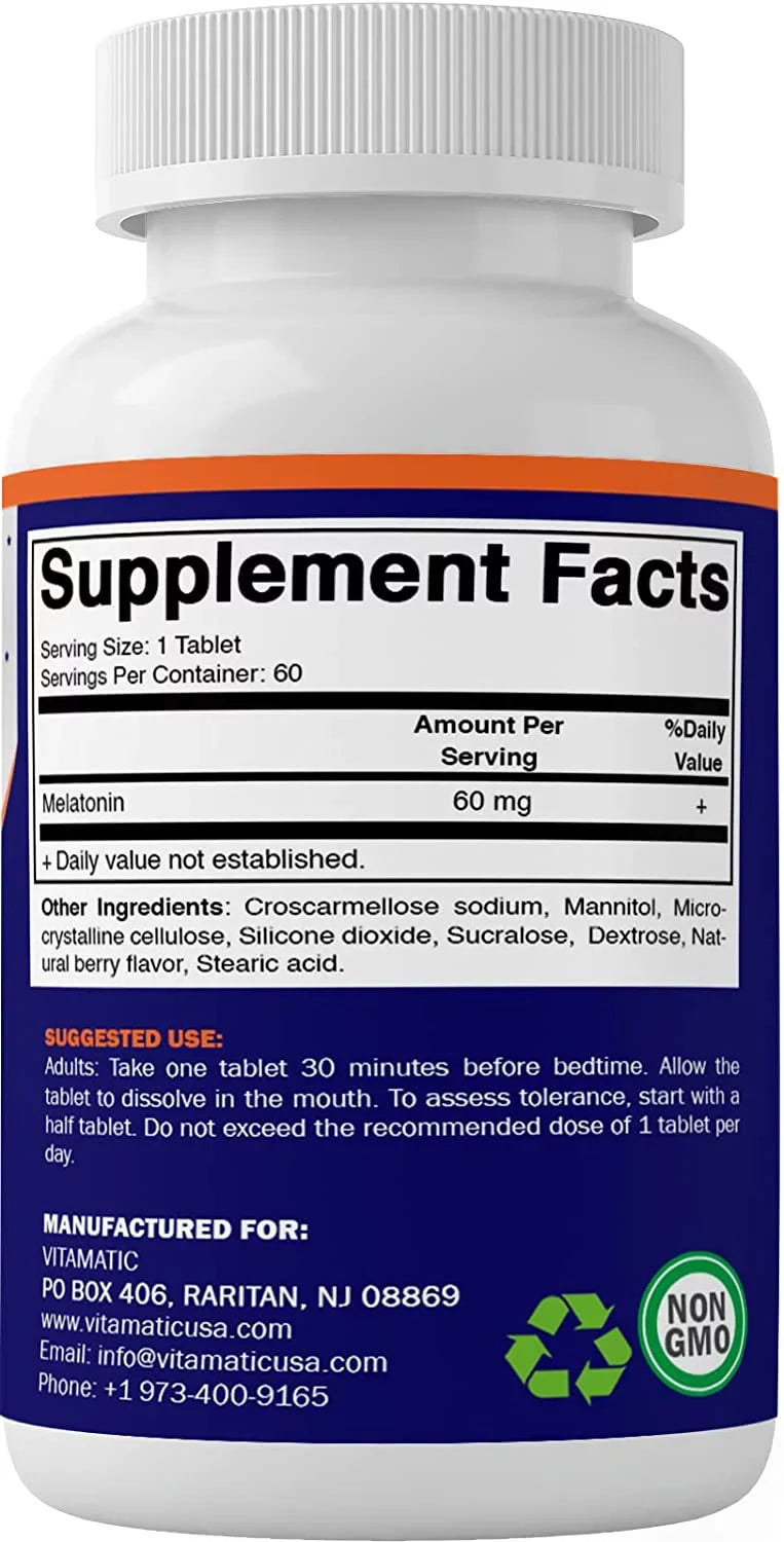 Fast Non-GMO, 60mg Tablets Dissolve Tablets - Berry Vegan Natural Forming Melatonin 60 Gluten Flavor (2 Bottles) Non-Habit - Vitamatic - Free