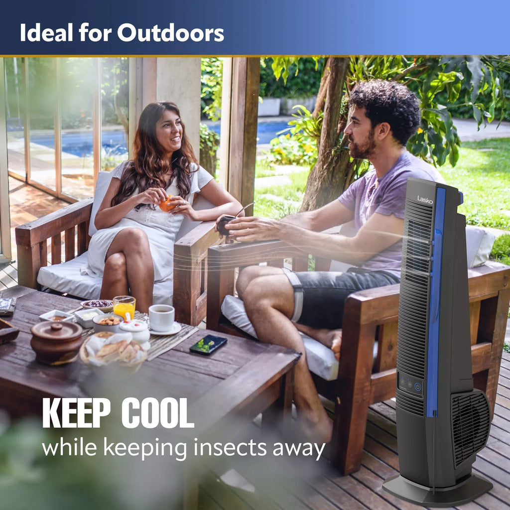 Lasko Power Black Cord, 42” Outdoor Tower Fan 10 Misto with Foot YF300, 4 Speeds, Misting