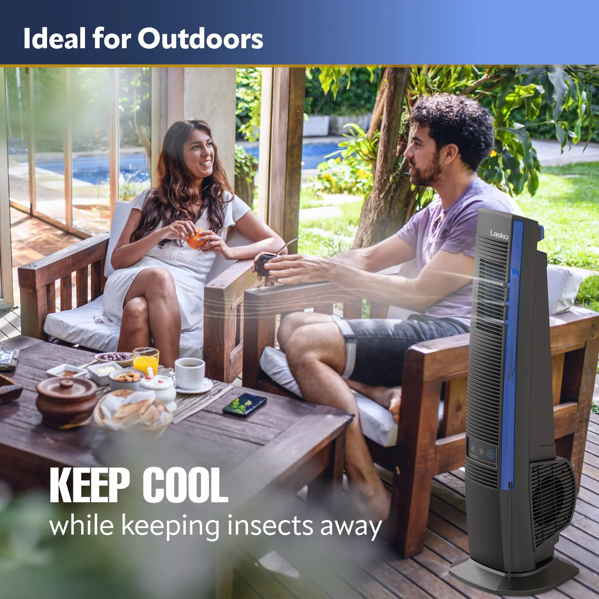 Lasko Power Black Cord, 42” Outdoor Tower Fan 10 Misto with Foot YF300, 4 Speeds, Misting