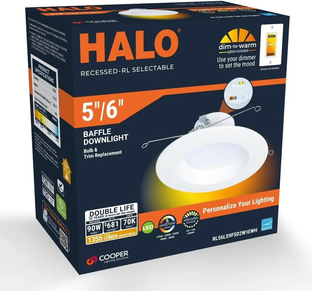 Retrofit Selectable Trim, RL Lumens Retrofit Selectable Ceiling Dim Lumens, Light 900/1200 Baffle Matte Warm, & Downlight, 5/6 HALO White LED to Series CCT inch Recessed Shower and