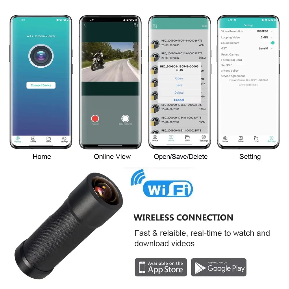 Action Dash Lens, Motorcycle Vision Motorcycle WDR, 170° Angle Super Camera, Recording 2K Cam Camera, Wide VSYSTO Loop Night WiFi Helmet Portable Waterproof Bike