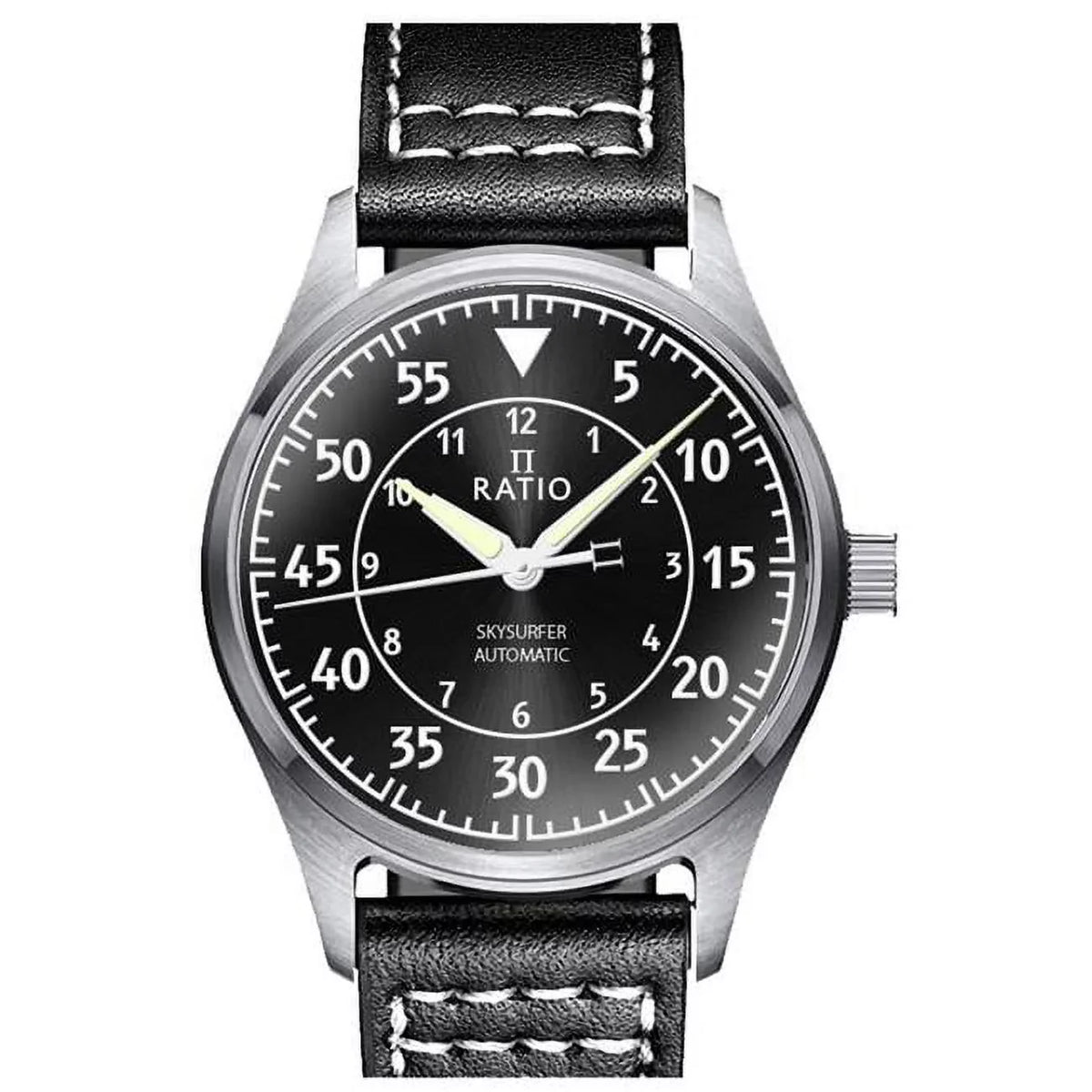 Automatic Black Men's Ratio Skysurfer Watch 200M Pilot Leather RTS321 Sunray Dial