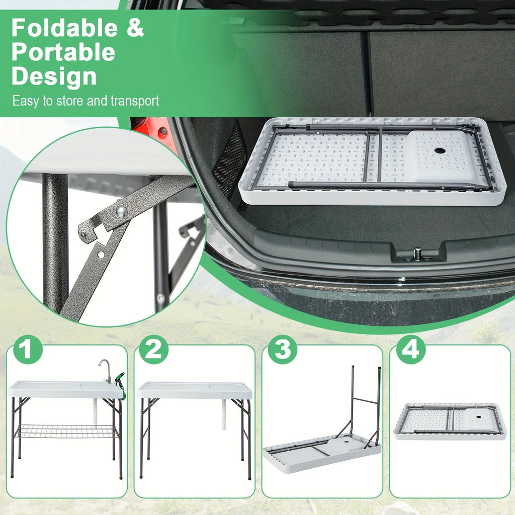 Fish Portable Camping W/ Faucet Grid Cleaning Table Table, Folding Hose Rack