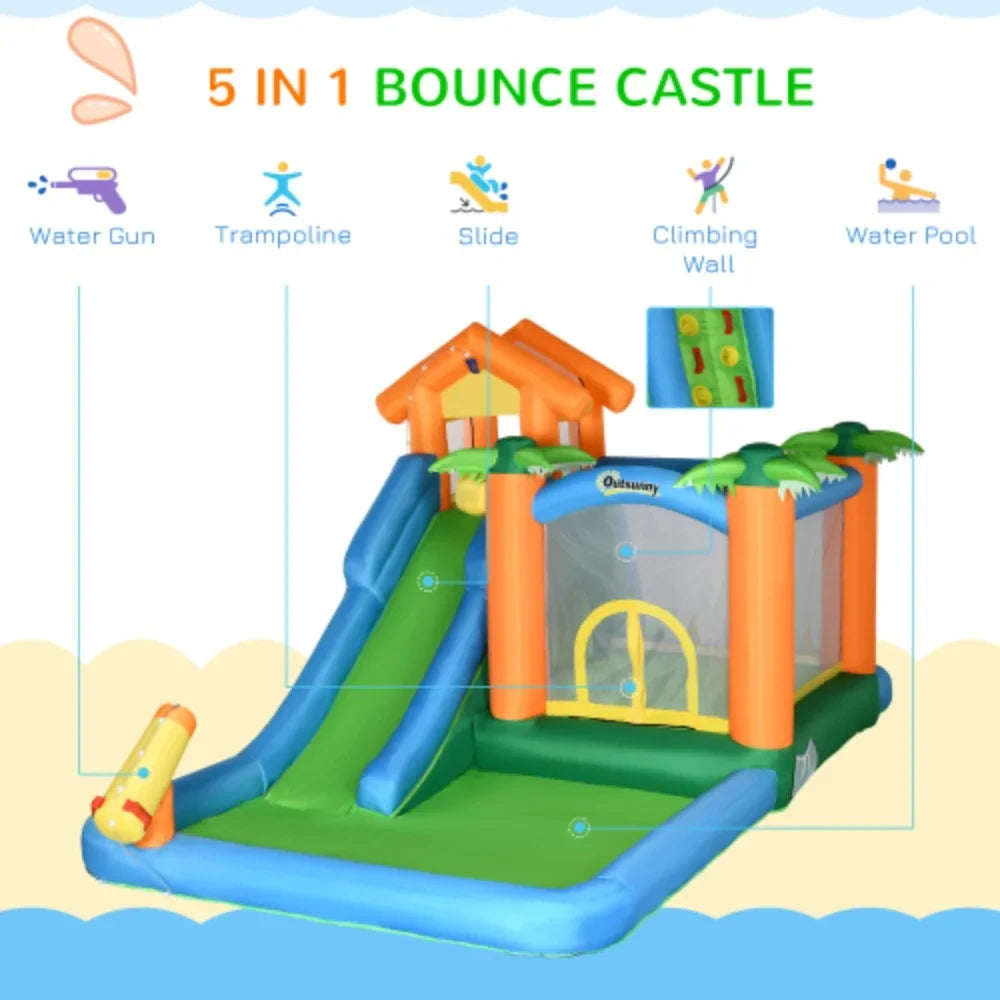 air-filled Summer with Tropical Theme Pool Wall 6-in-1 Includes Blower Carry Air Climbing Cannon Floating Ball Repair and Patches Castle Jumping 450W Trampoline Slide Bag, Water Slide Outsunny