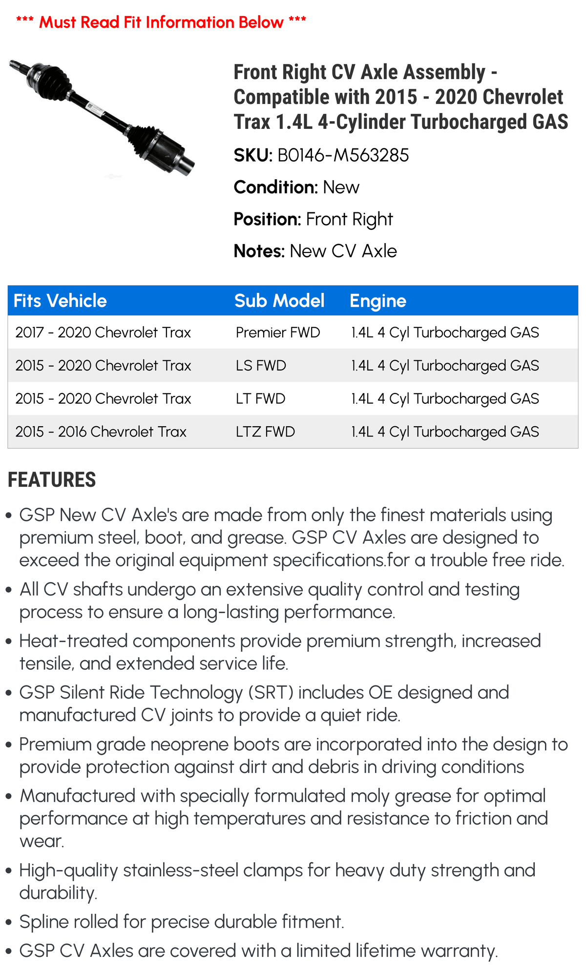 4-Cylinder 2020 with 2016 2019 Compatible Axle Turbocharged - Right GAS CV 2017 Chevy Front Trax 2018 1.4L Assembly - 2015