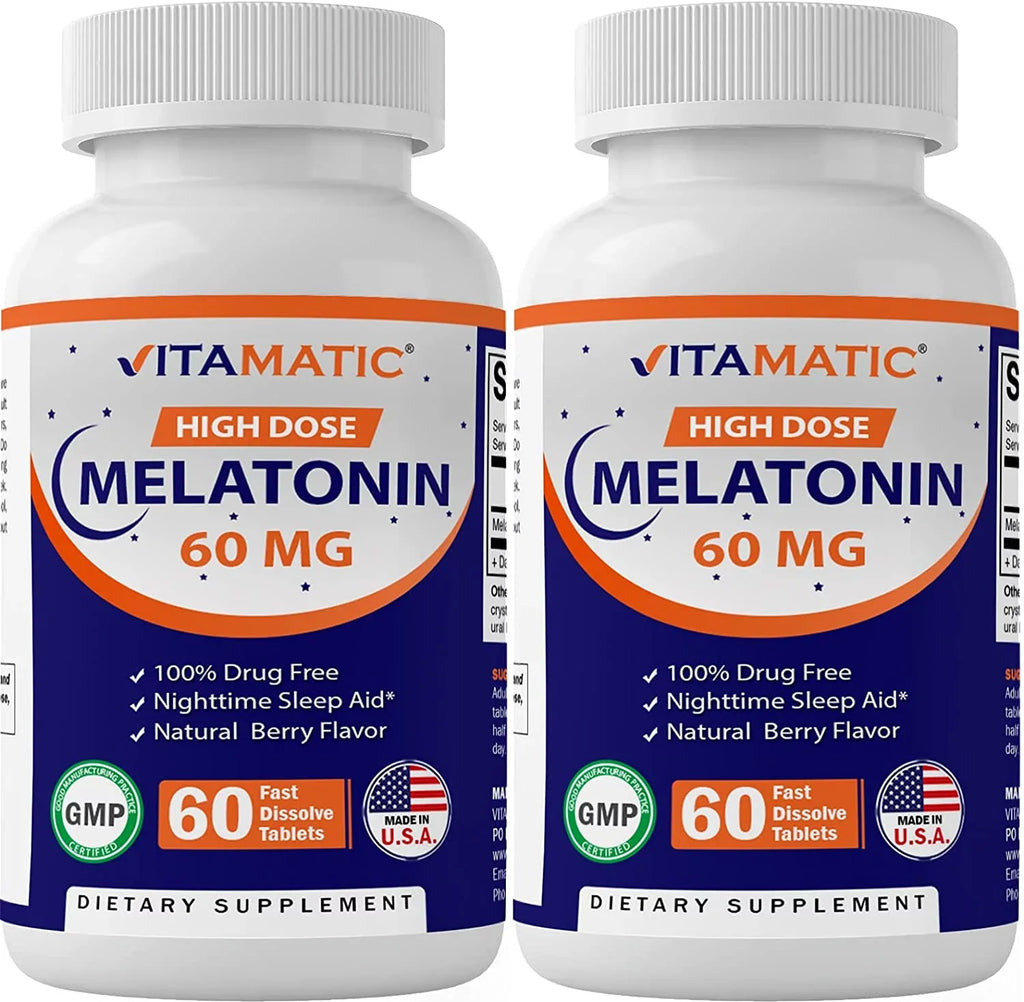 Fast Non-GMO, 60mg Tablets Dissolve Tablets - Berry Vegan Natural Forming Melatonin 60 Gluten Flavor (2 Bottles) Non-Habit - Vitamatic - Free