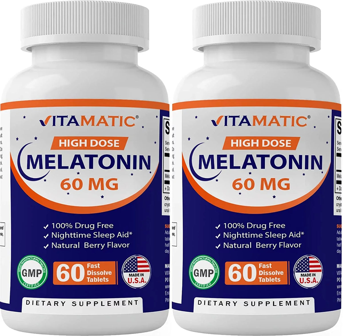 Fast Non-GMO, 60mg Tablets Dissolve Tablets - Berry Vegan Natural Forming Melatonin 60 Gluten Flavor (2 Bottles) Non-Habit - Vitamatic - Free