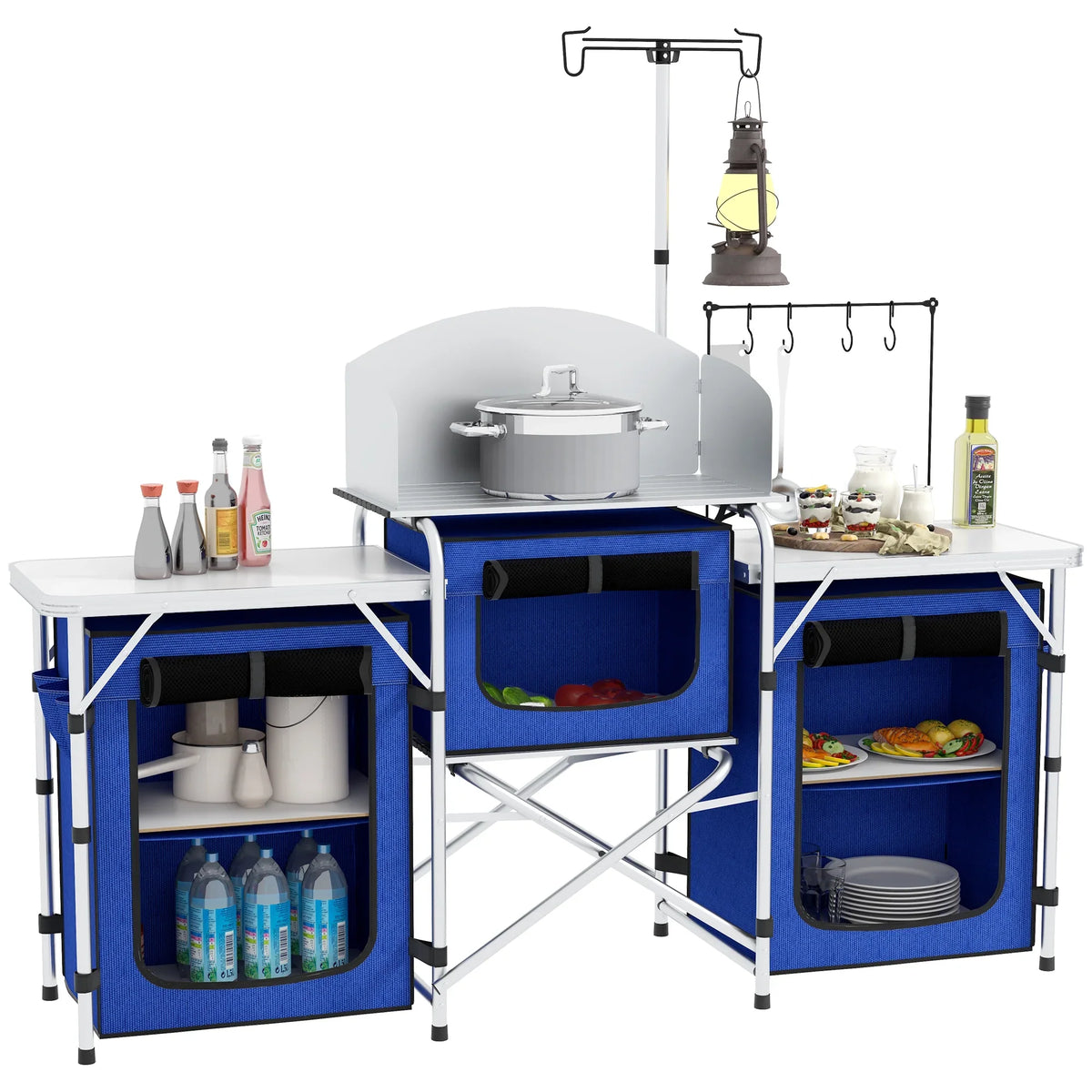 Folding Camping with Cupboards Outsunny Blue Fabric Kitchen Windshield